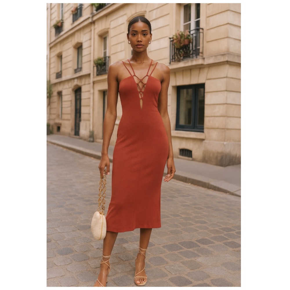 NBD Revolve Berry Red Lace Up Ribbed Midi Bodycon Dress Small